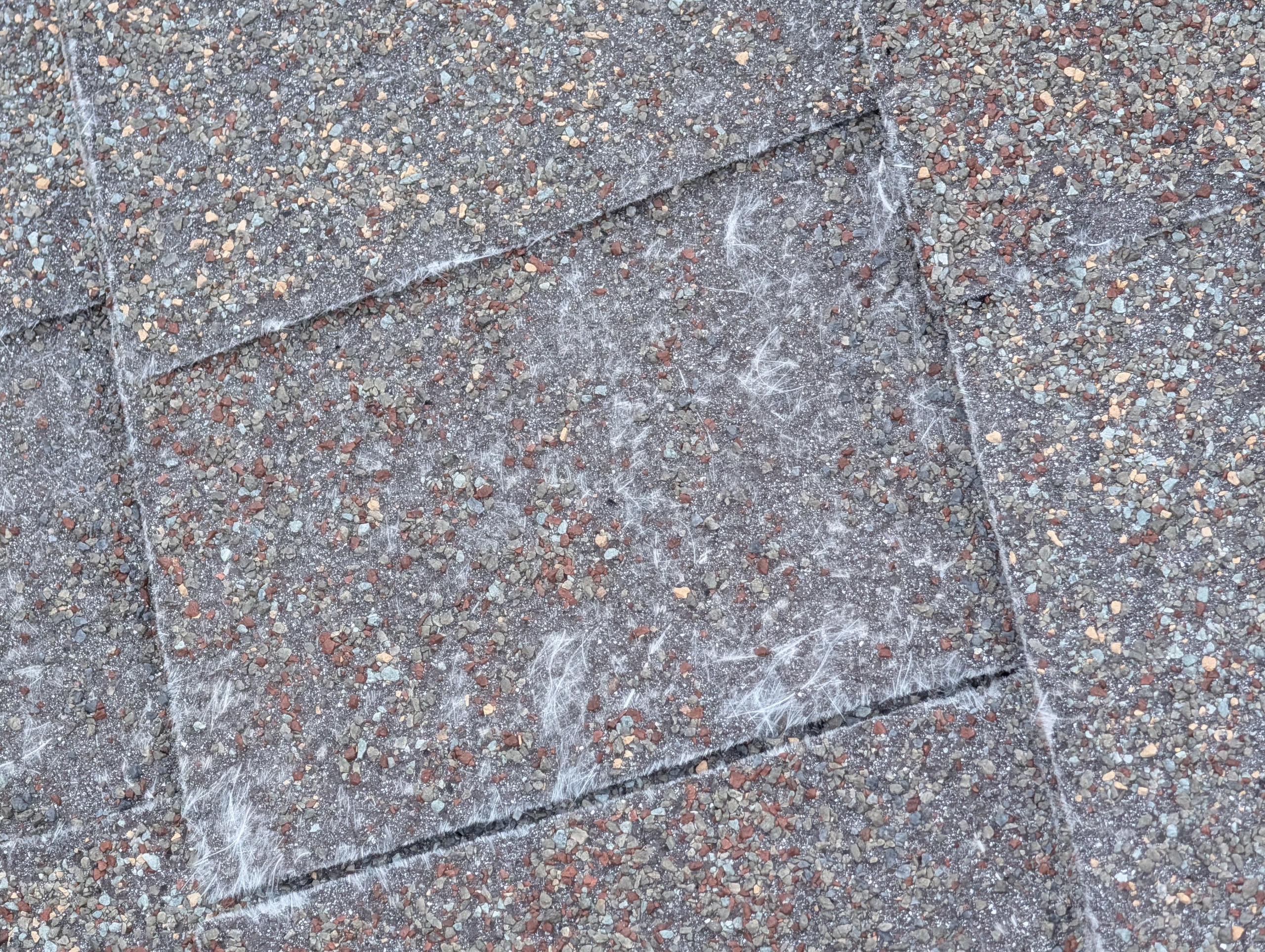 fiberglass mat exposed due to severe granule loss