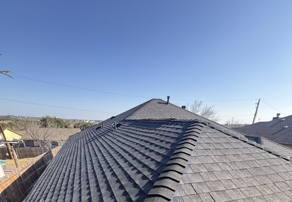 Asphalt Shingle Class 3 GAF HDZ Charcoal GAF Felt Buster Underlayment GAF Storm Guard Ice & Water Shield GAF Pro-Start Starter Strip GAF Z-Ridge Cap Shingle GAF Cobra Ridge Vent Bullet Pipe Boots Roof Replacement Meadows Of Walnut Creek TX — Cupcake Home Improvements