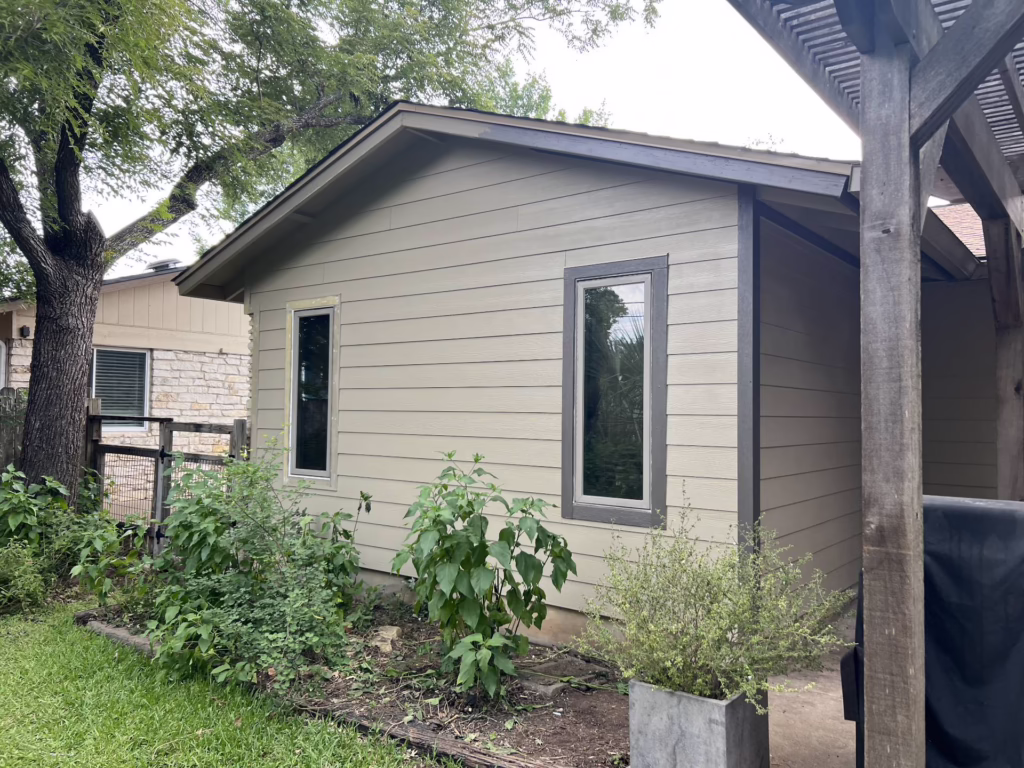 Fiber Cement James Hardie Horizontal Plank Cedarmill Main: SW 6150 Universal Khaki, Trim: Custom Siding Replacement Oak Hill TX — Cupcake Home Improvements