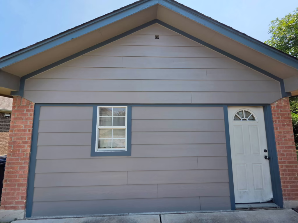 Fiber Cement James Hardie Horizontal Plank Cedarmill Main: Dovetail SW 7018, Trim: Slate Tile SW 7624 Siding Replacement Leander TX — Cupcake Home Improvements